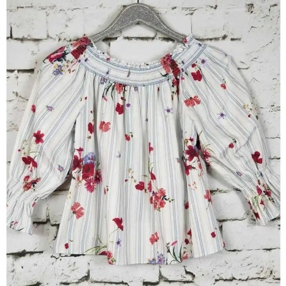 Zara women’s large garden floral stripe smocked romantic off the shoulder large - Picture 9 of 9